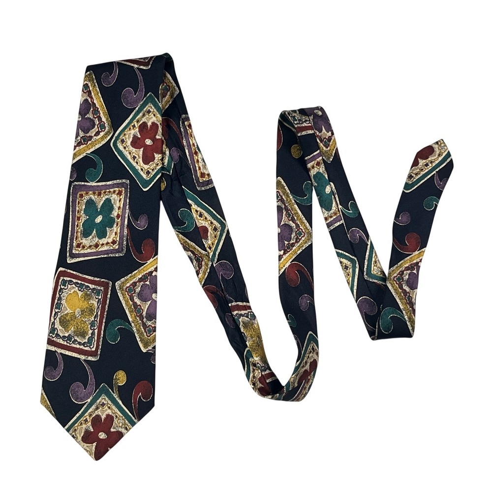 Adolfo Mens Silk Tie Navy Blue Abstract Geometric Floral Pattern Made in USA